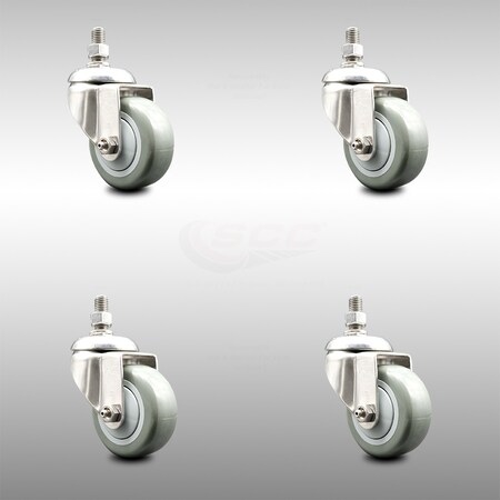 Service Caster 3.5 Inch 316SS Gray Polyurethane Wheel Swivel 10mm Threaded Stem Caster Set SCC-SS316TS20S3514-PPUB-M1015-4